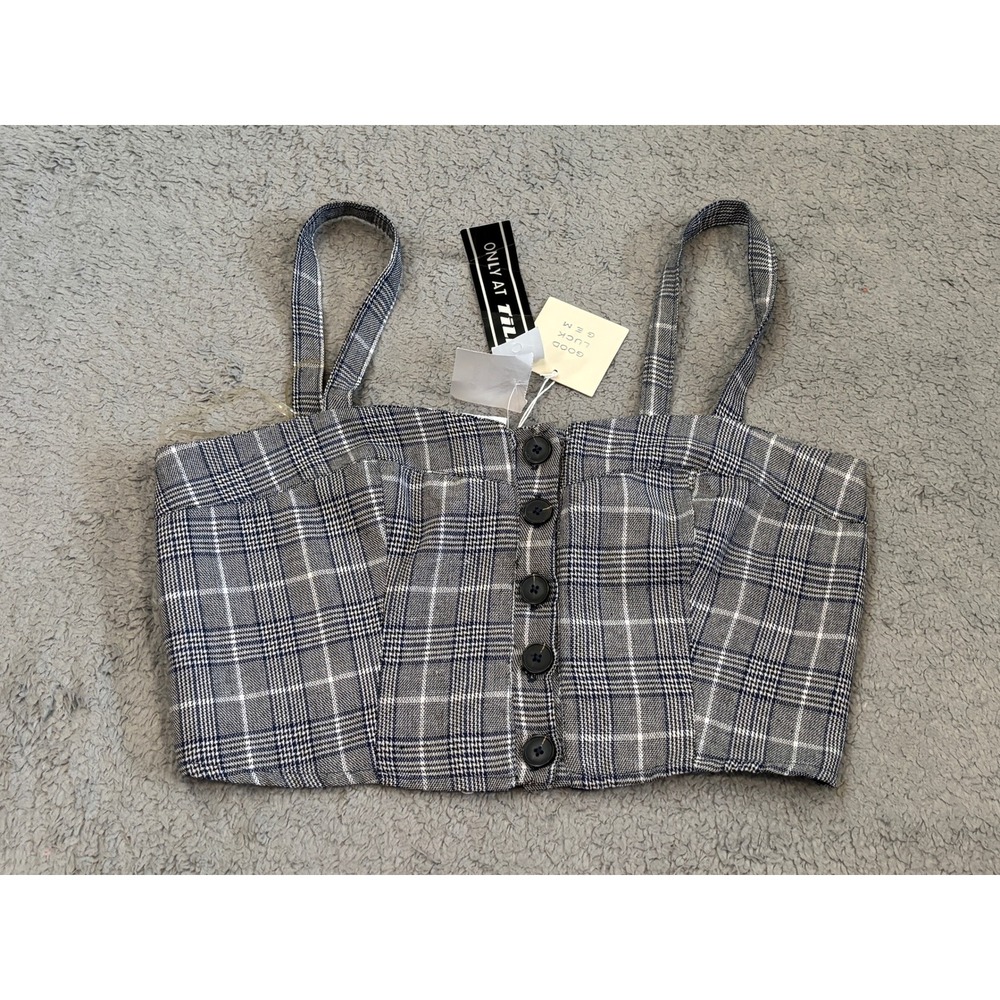 Good Luck Gem Plaid Button Down Crop Top Grey White Blue Size S NEW